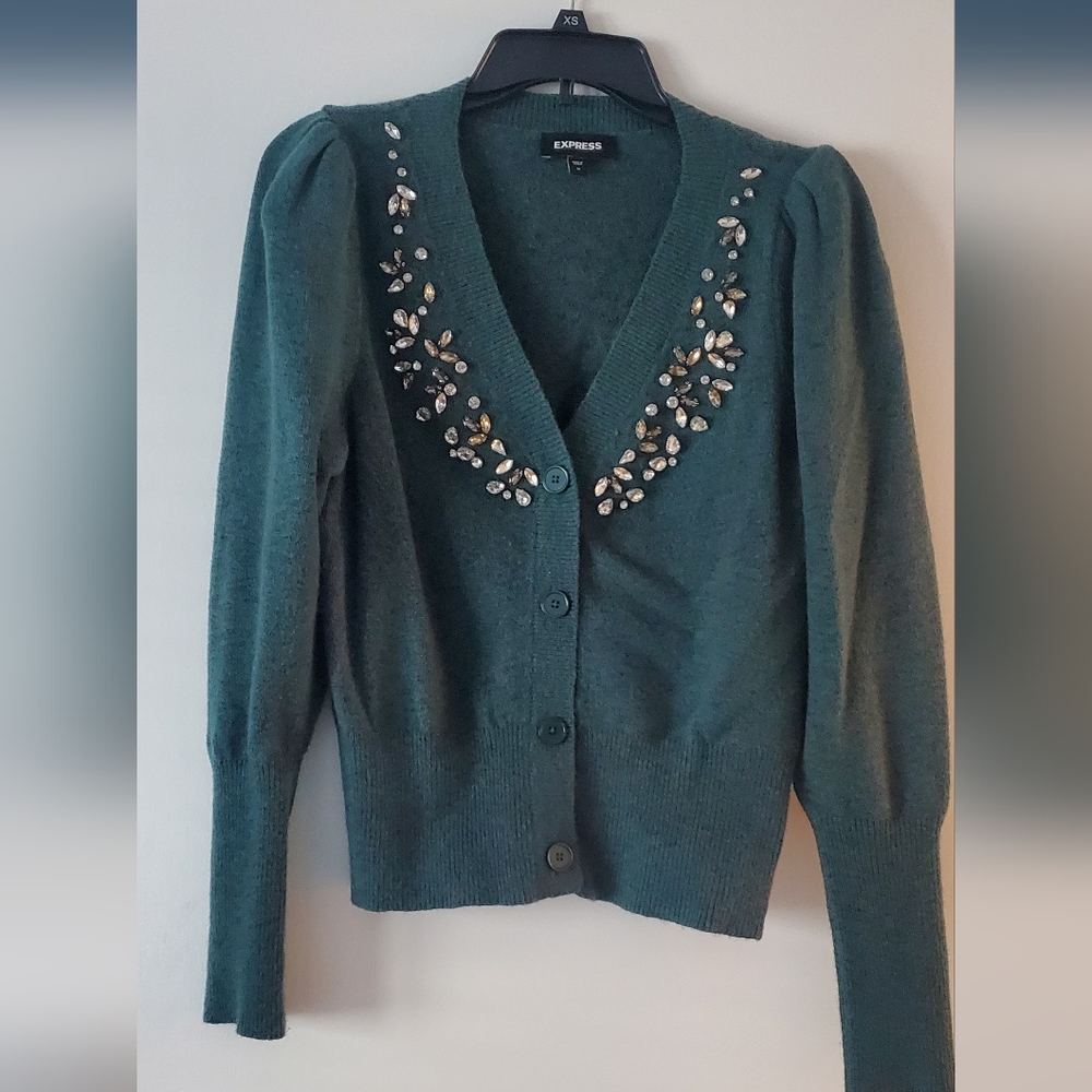 Express green button up cardigan with jewel details. Size M